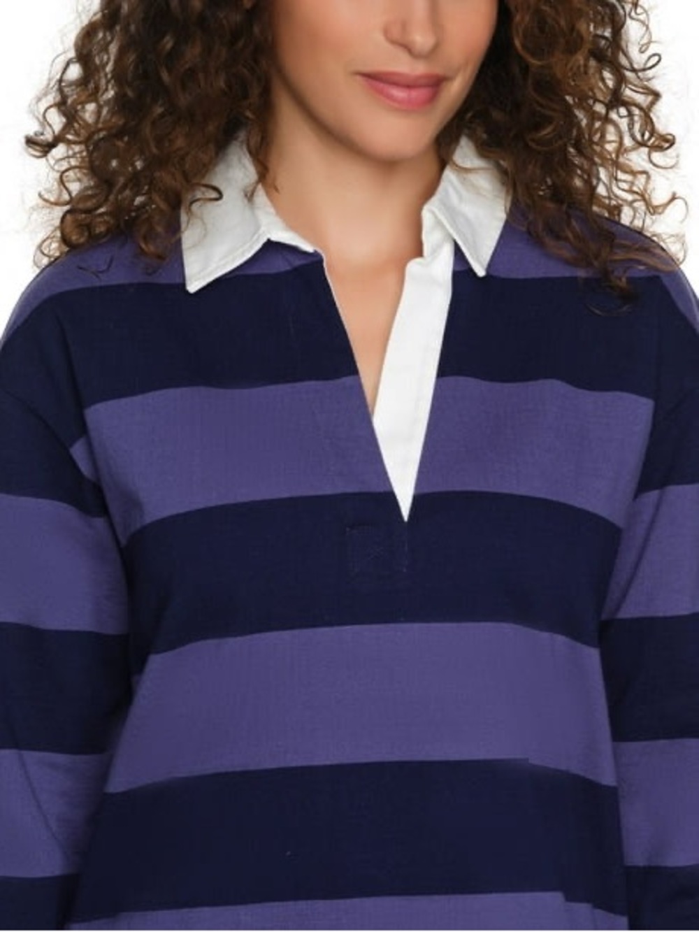 Lands' End Navy and Periwinkle Wide-Stripe Rugby Polo